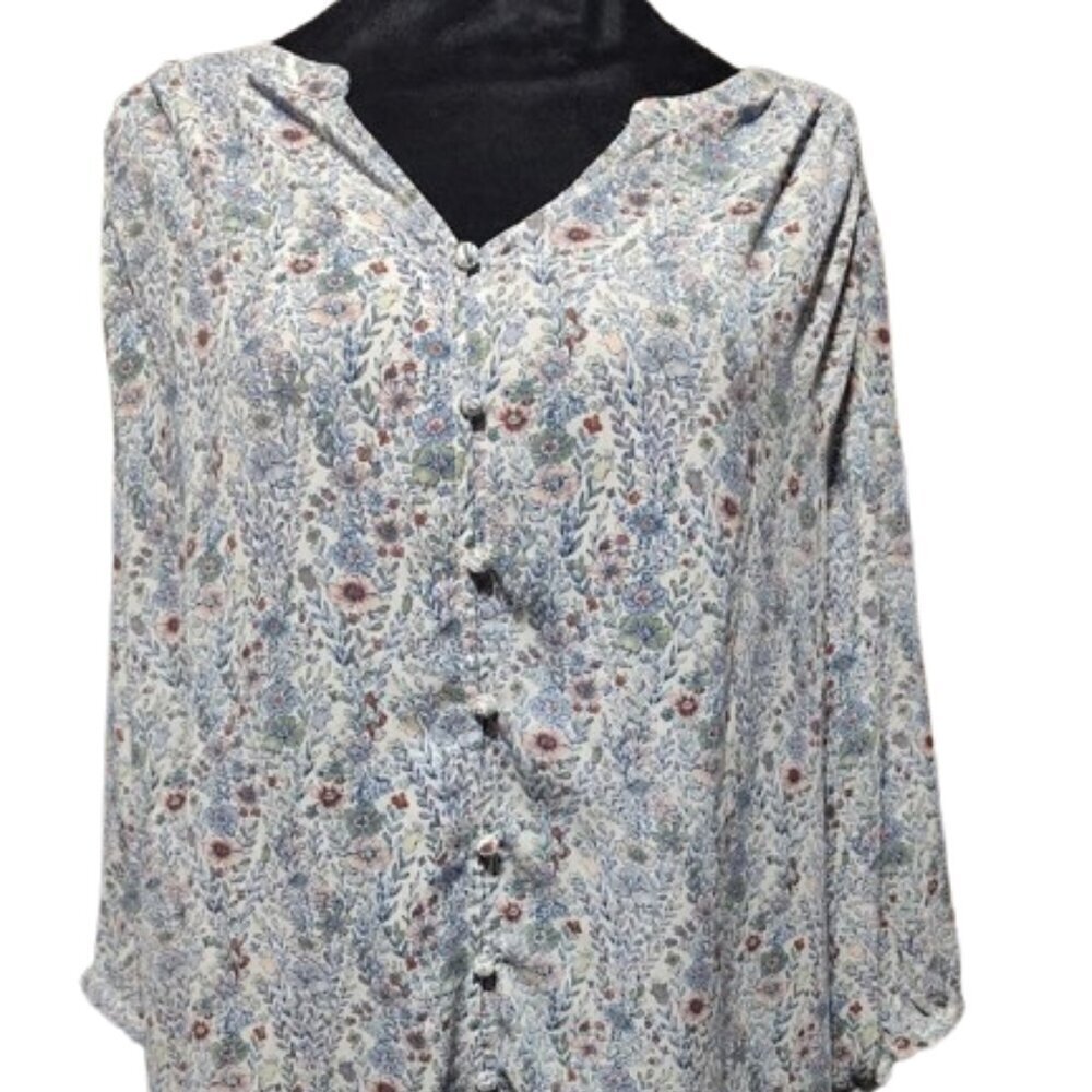Rose + Olive Free Flowing Polyester Floral V-Neck Women's Blouse Size 1X - Large